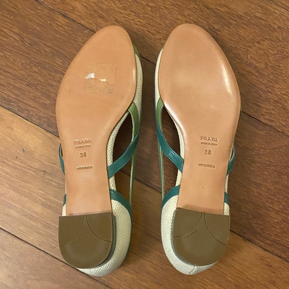 PRADA NWOT Teal Mint Green Blue Cream White Open Toe Flats Sandals Patent - Picture 5 of 5